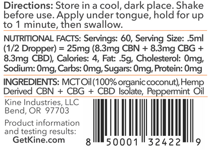 Kine Mint Flavored Organic CBN/CBG/CBD 1:1:1 ratio 1500mg tincture oil drops ingredients list and nutritional facts