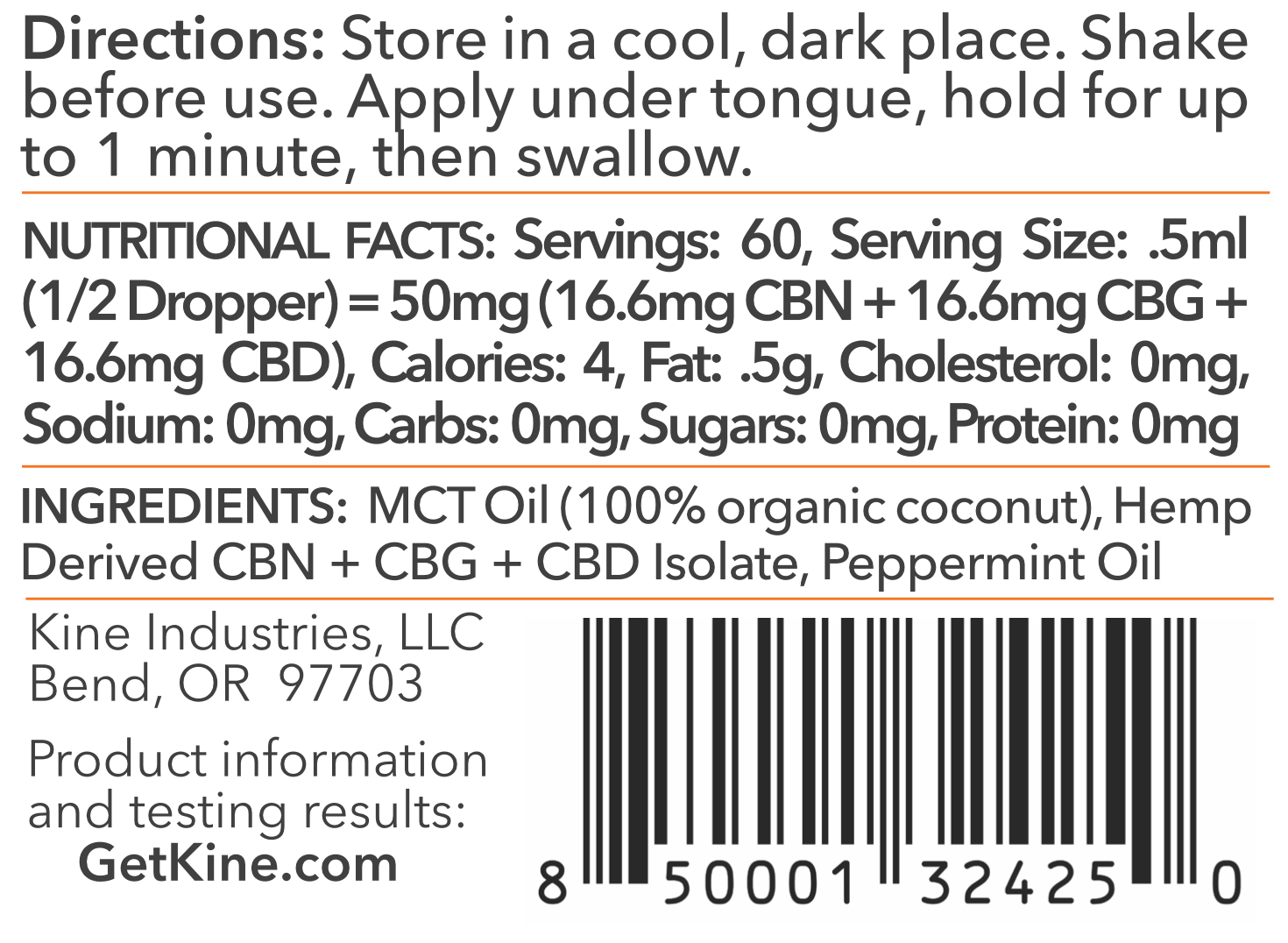 Kine Mint Flavored Organic CBN/CBG/CBD 1:1:1 ratio 3000mg tincture oil drops ingredients list and nutritional facts