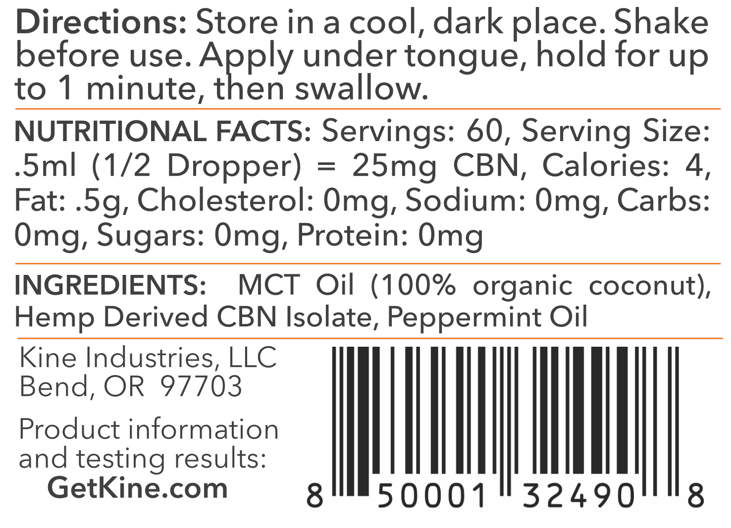 Kine Mint Flavored Organic CBN 1500mg tincture drops ingredients list and nutritional facts