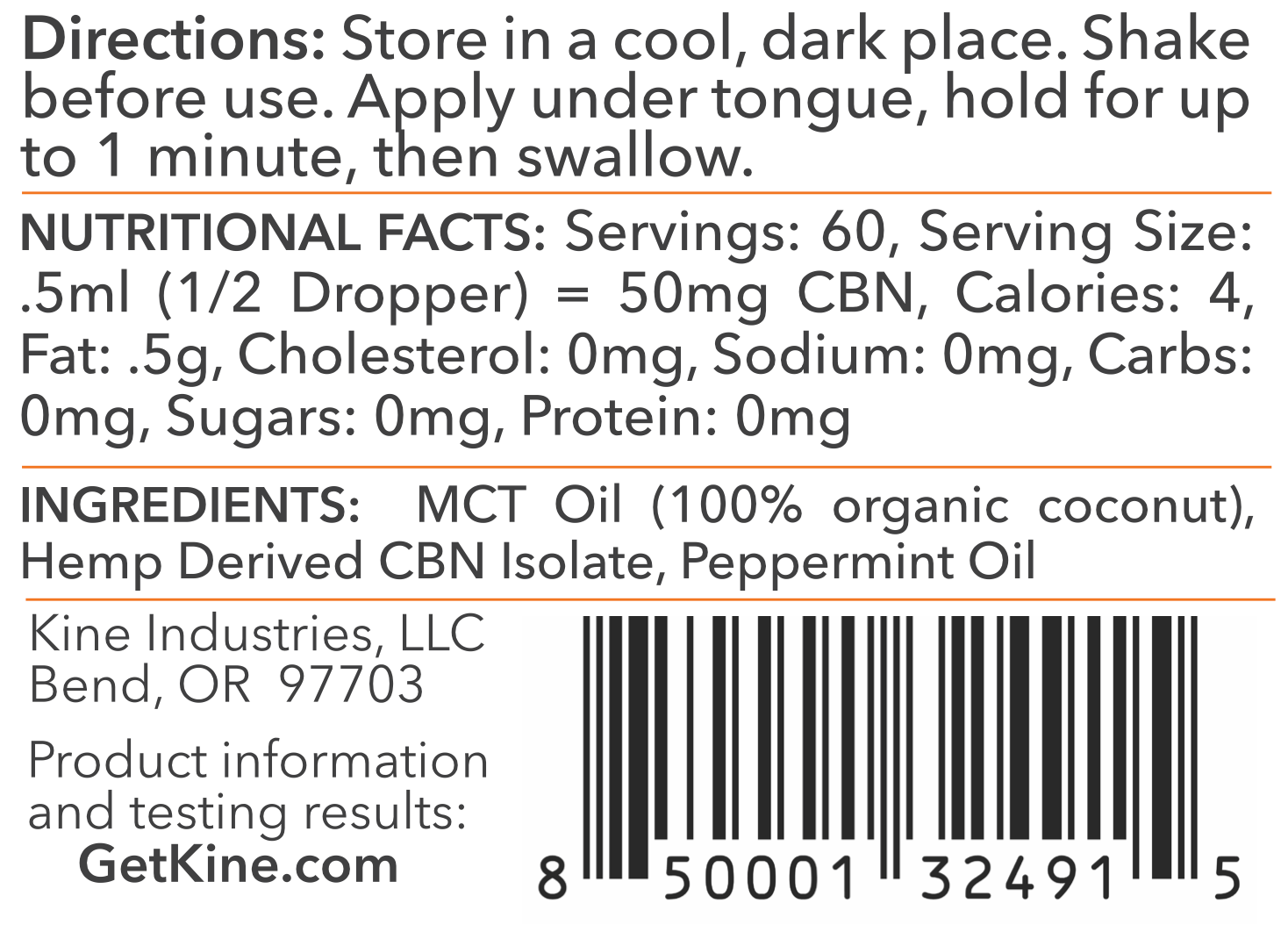Kine Mint Flavored Organic CBN 3000mg tincture drops ingredients list and nutritional facts
