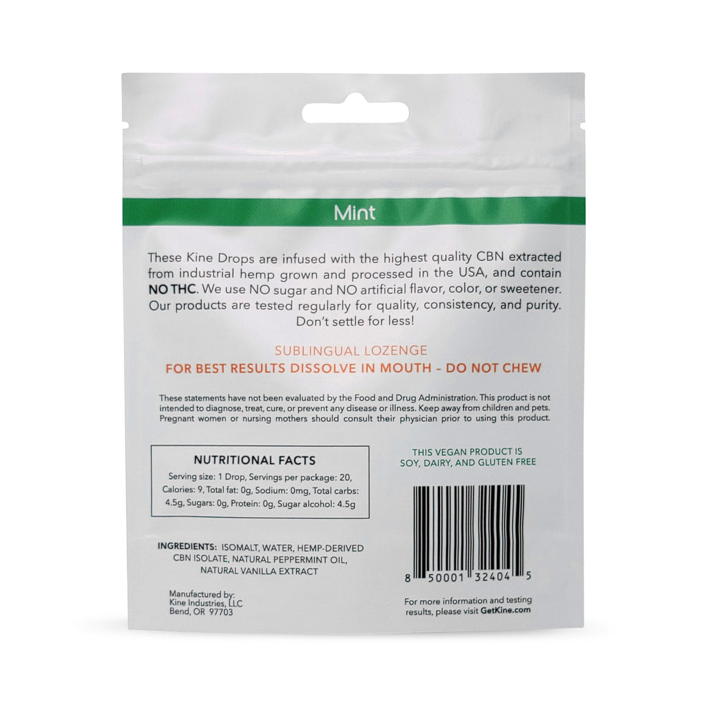 Kine Mint Flavored Organic CBN 25mg 500mg lozenge drops ingredients list and nutritional facts