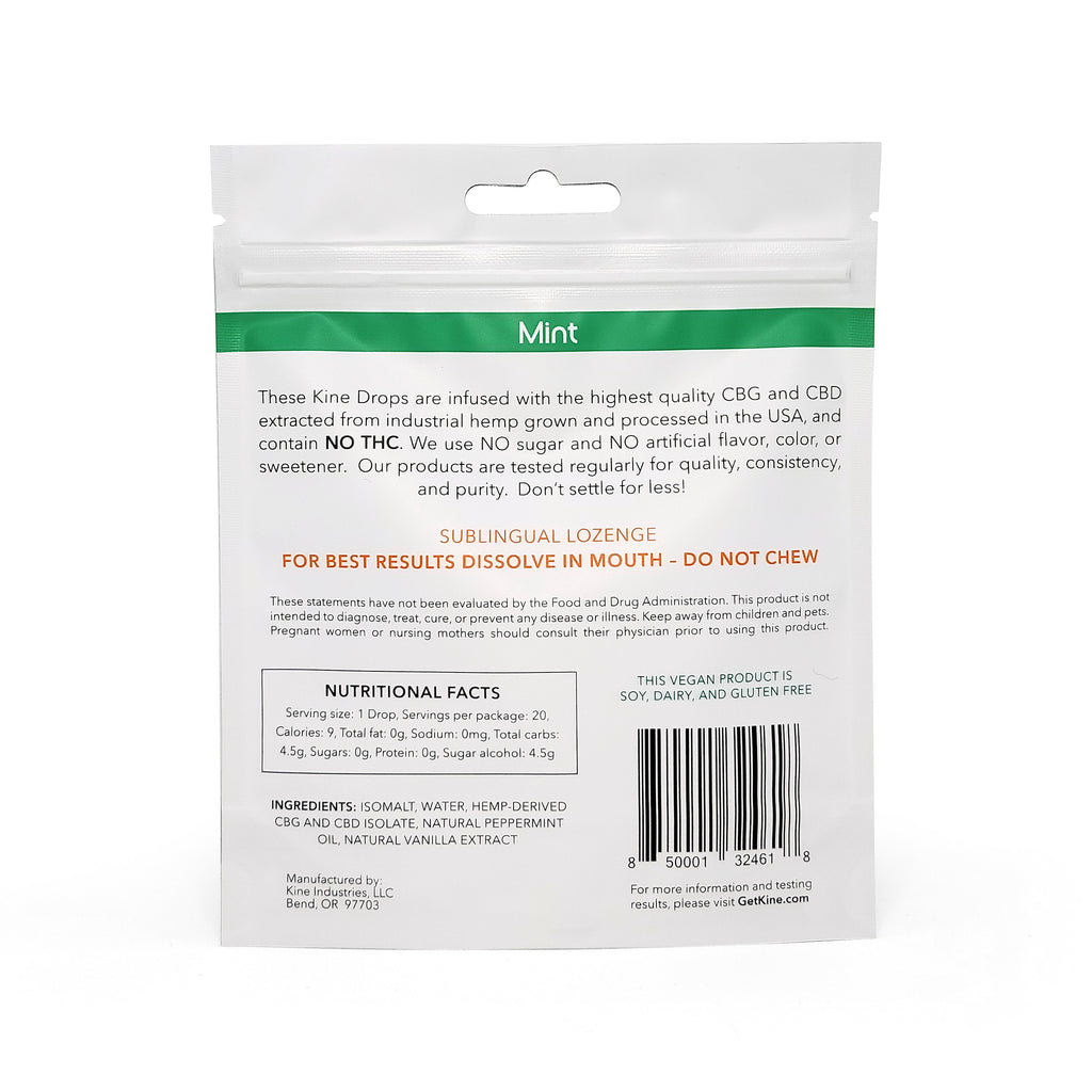 Kine Mint Flavored Organic CBG CBD 1:1 50mg 1000mg lozenge drops ingredients list and nutritional facts