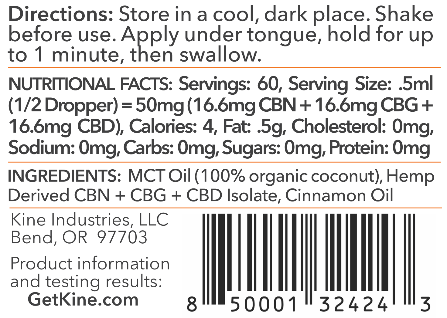 Kine Red Hot Cinnamon Flavored Organic CBN/CBG/CBD 1:1:1 ratio 3000mg tincture drops ingredients list and nutritional facts