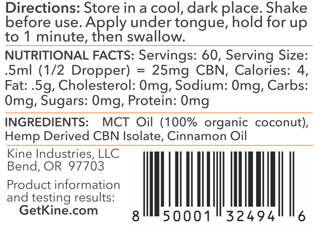 Kine Red Hot Cinnamon Flavored Organic CBN 1500mg tincture drops ingredients list and nutritional facts