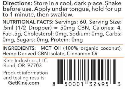 Kine Red Hot Cinnamon Flavored Organic CBN 3000mg tincture drops ingredients list and nutritional facts