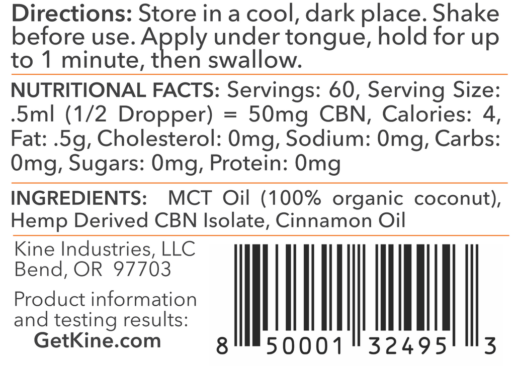 Kine Red Hot Cinnamon Flavored Organic CBN 3000mg tincture drops ingredients list and nutritional facts