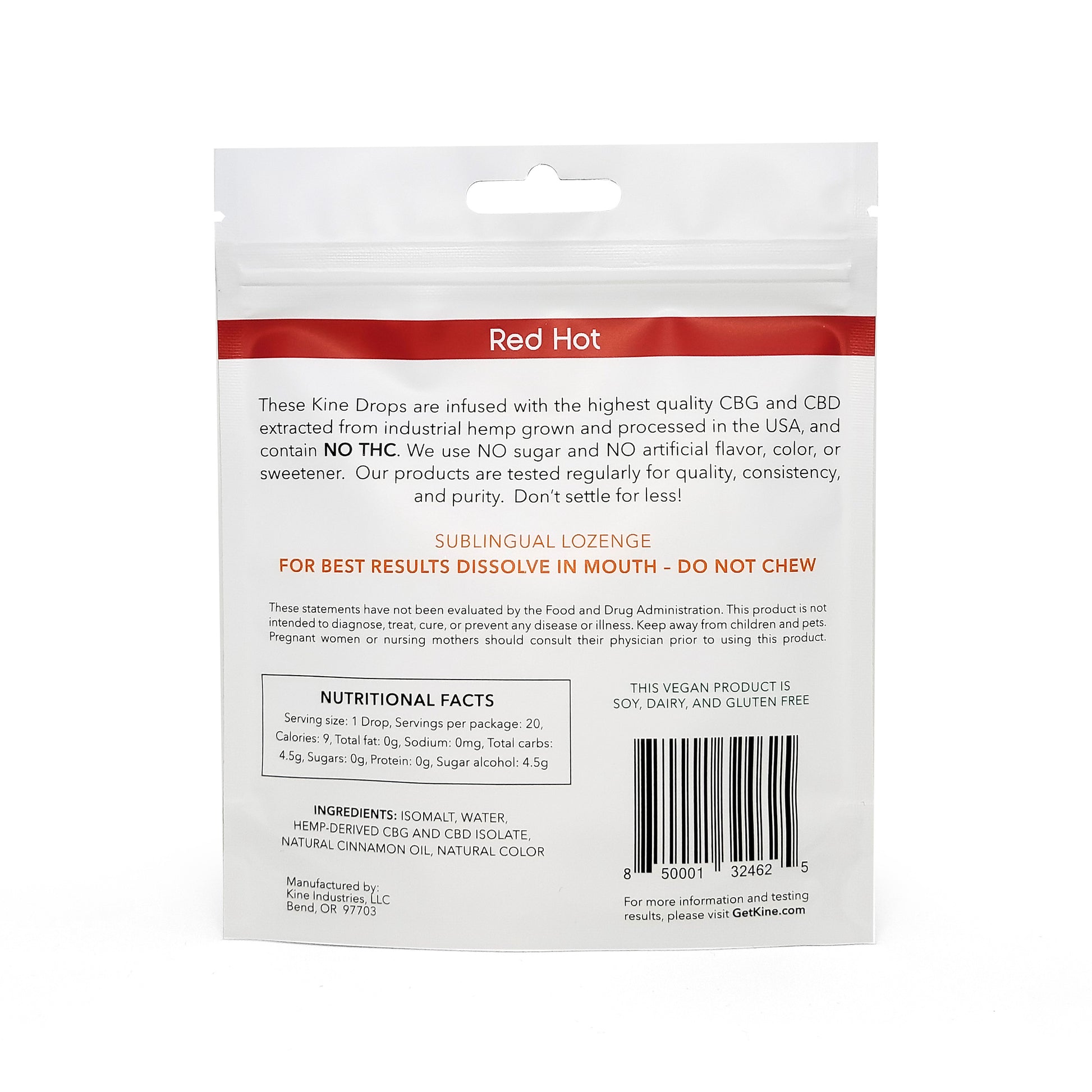 Kine Red Hot Cinnamon Flavored Organic CBG CBD 1:1 50mg 1000mg CBG lozenges drops ingredients list and nutritional facts