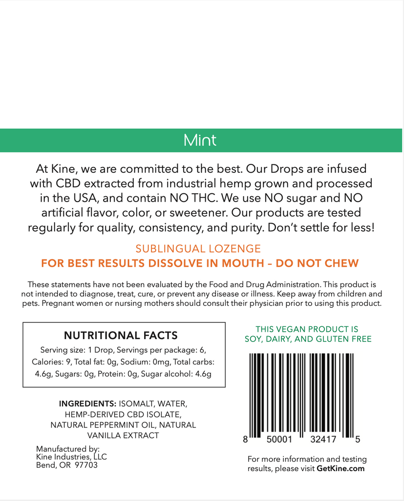 Kine Mint Flavored organic CBD 25mg 150mg Drops Lozenges Ingredients List and Nutritional Facts