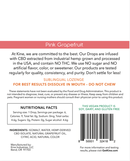 Kine Pink Grapefruit Flavored Organic CBD 25mg 150mg Drops Lozenges ingredients list and nutritional facts