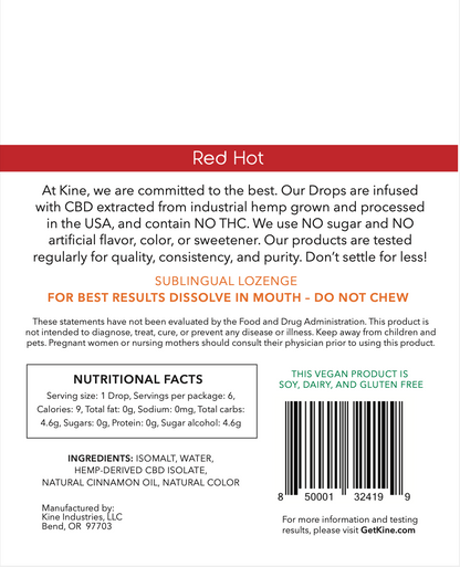 Kine Red Hot Cinnamon Flavored Organic CBD 25mg 150mg Drops Lozenges Ingredients List and Nutritional Facts