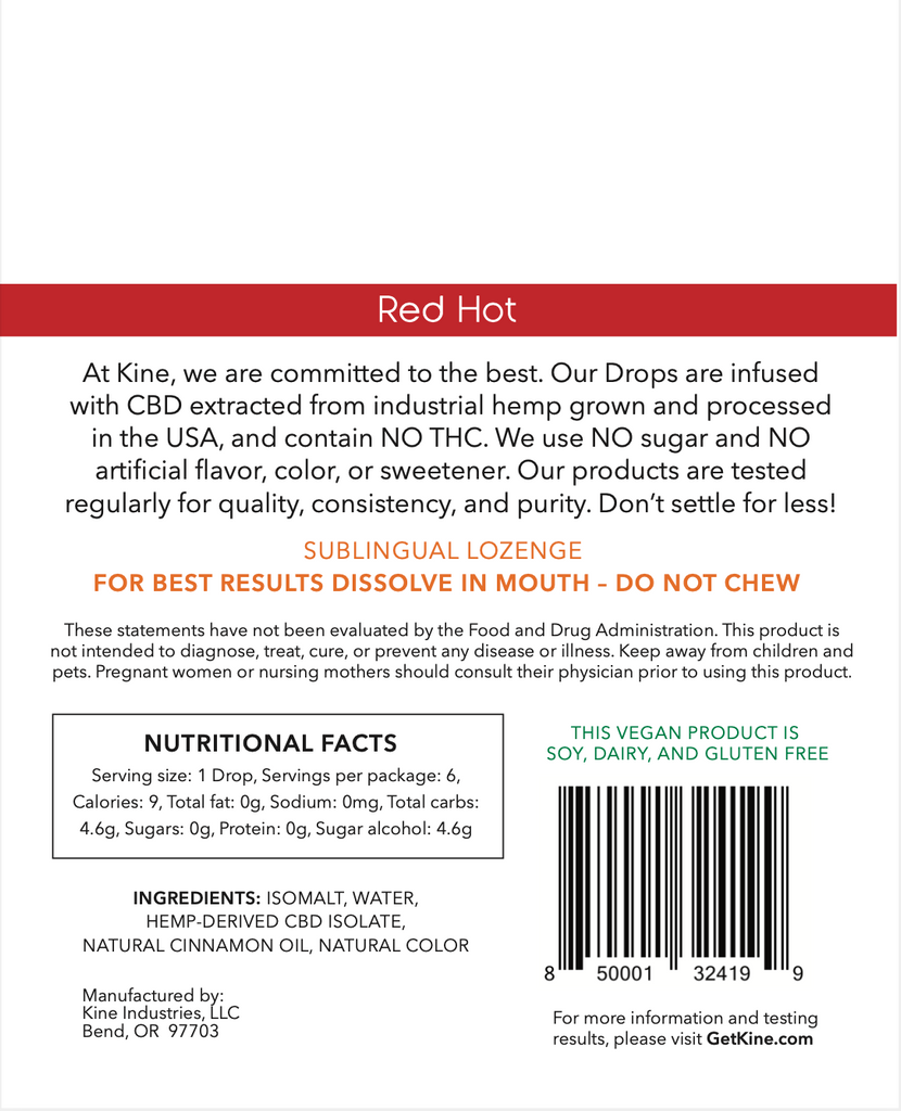 Kine Red Hot Cinnamon Flavored Organic CBD 25mg 150mg Drops Lozenges Ingredients List and Nutritional Facts