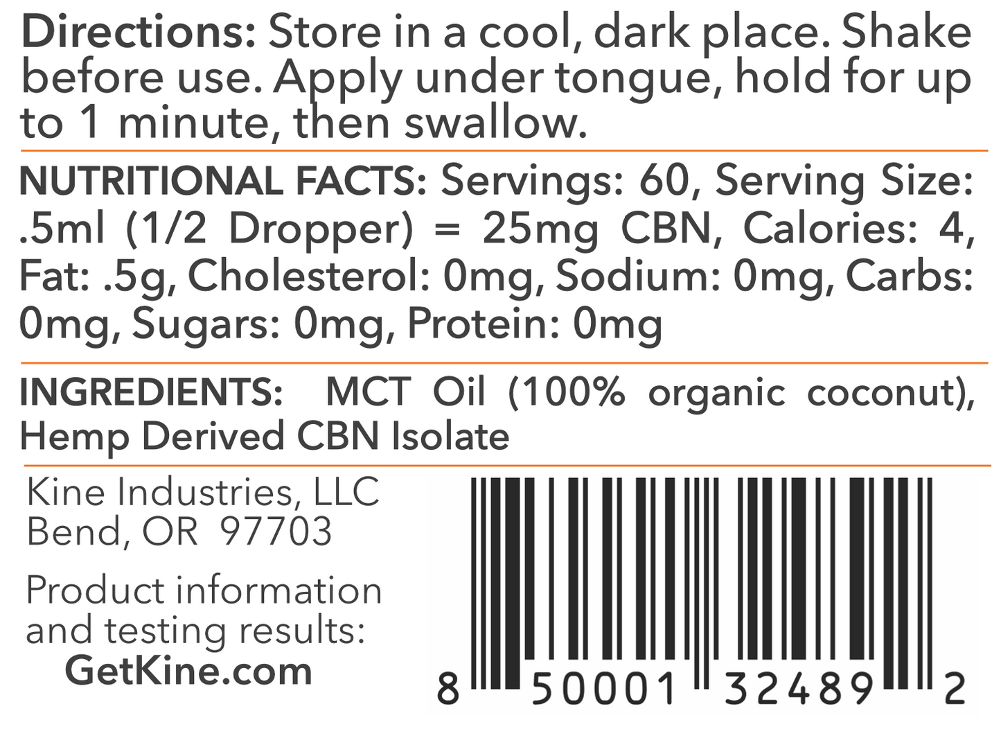 Kine Unflavored Neutral Organic CBN 1500mg tincture drops ingredients list and nutritional facts