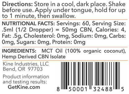 Kine Unflavored Neutral Organic CBN 3000mg tincture drops ingredients list and nutritional facts
