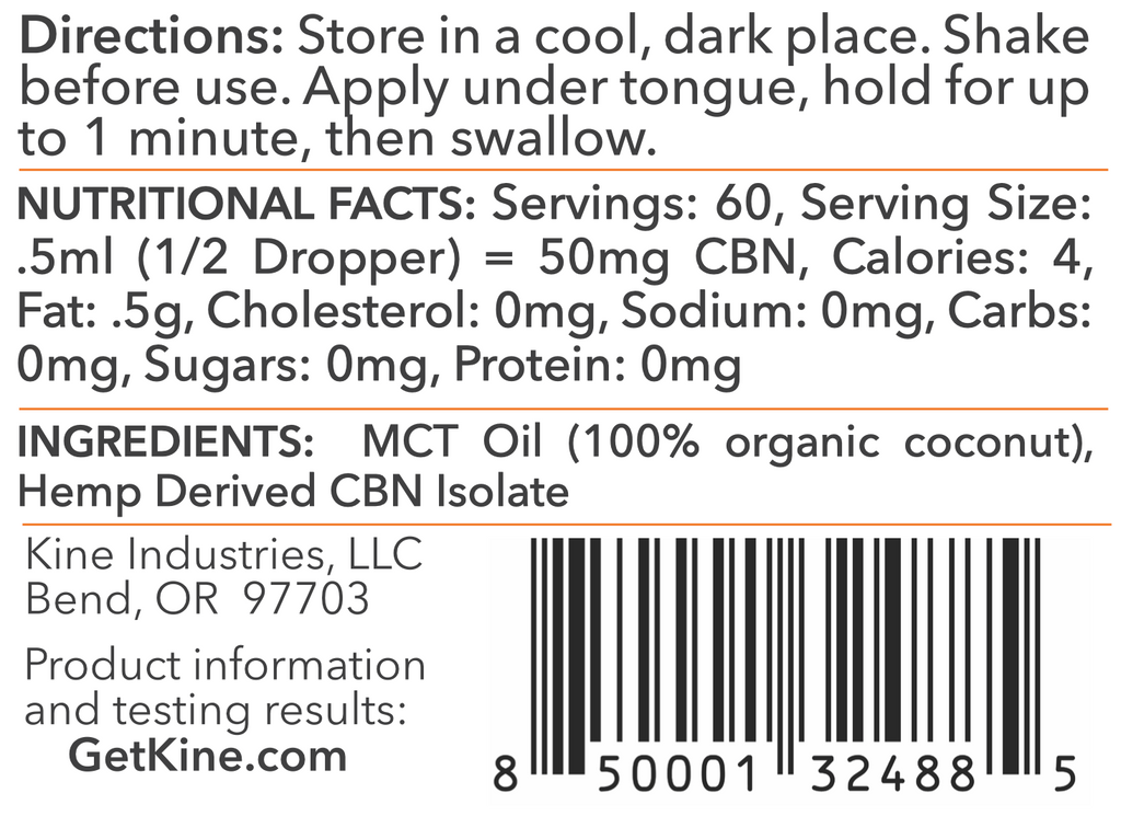 Kine Unflavored Neutral Organic CBN 3000mg tincture drops ingredients list and nutritional facts